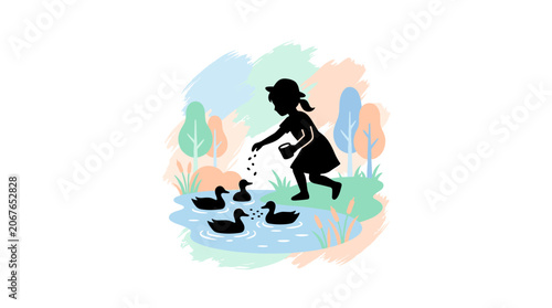Silhouette of a young girl feeding ducks in a pond.