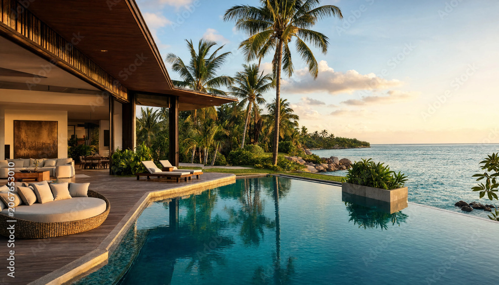Fototapeta premium Luxury tropical villa with pool and ocean view