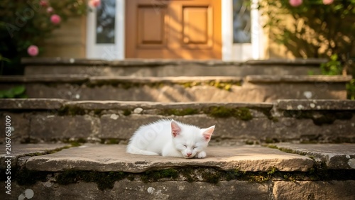 White cat resting on stone steps outdoors.