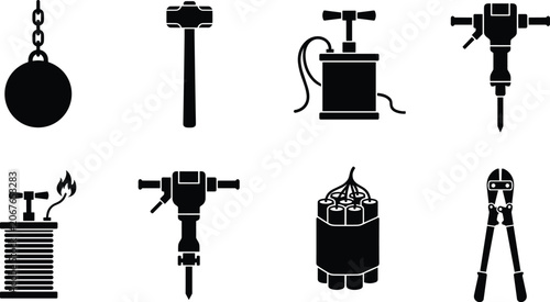 Fotografie Demolition Tools Icon Set with Wrecking Ball Jackhammer Dynamite and Constructio