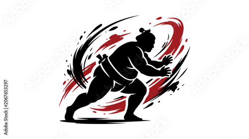 Sumo wrestler in silhouette with dynamic brush strokes.