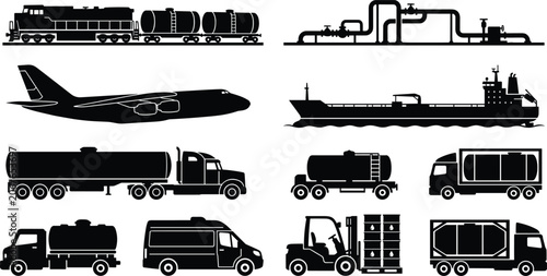 Oil and Fuel Transportation Icon Set with Tanker Trucks Ships and Pipelines