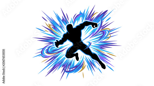 Superhero silhouette running with energy burst.