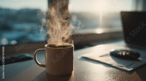 Steaming cup of freshly brewed coffee on a modern office desk near a notepad and car keys, illuminated by warm morning sunlight streaming through a window, creating a calm and productive workspace atm