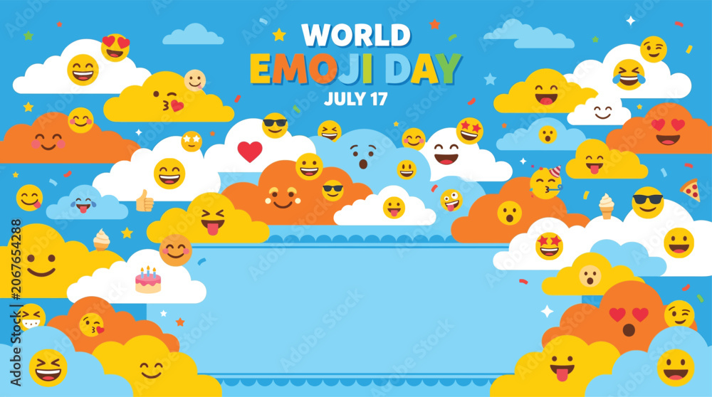 Naklejka premium World Emoji Day cloud sky banner with smiley faces for July 17 celebration template with copy space