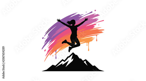 Silhouette of a Woman Jumping for Joy on a Mountain Peak.