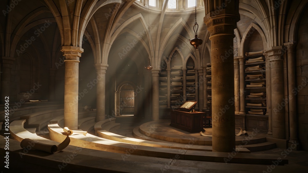 Fototapeta premium Ancient Gothic Library Interior with Sculptural Columns and Sunlight Beams