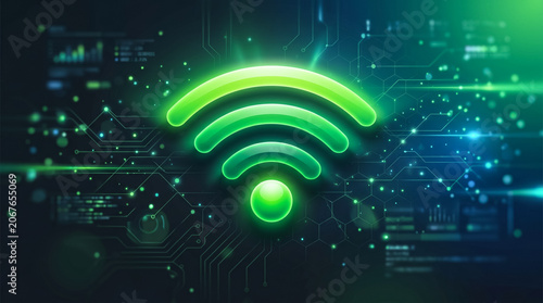 Glowing green WiFi symbol on circuit board background