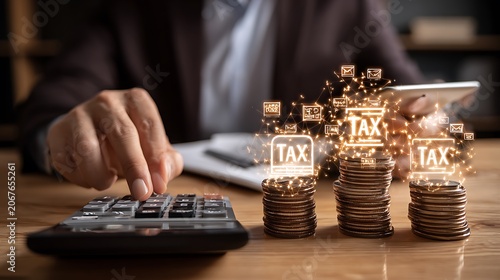 Professional person calculating taxes with a calculator, virtual tax icons floating above