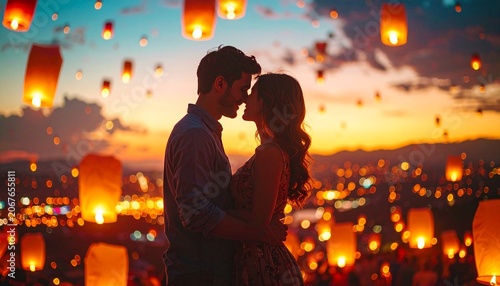 young couple kissing in sunset