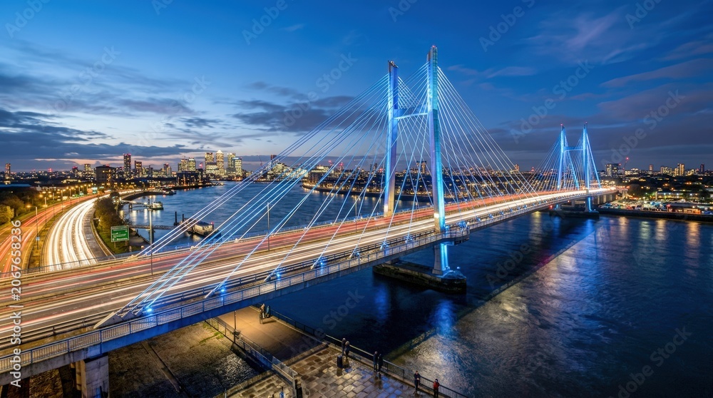 Fototapeta premium Modern cable stayed bridge over river at dusk with city lights.