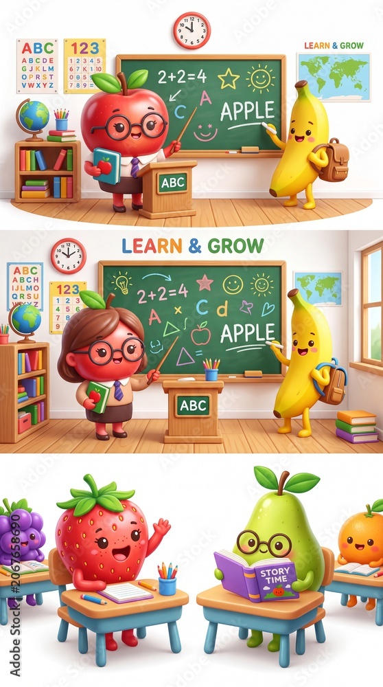 Naklejka premium A group of fruit characters in a classroom. An educational, school-themed illustration for children.
