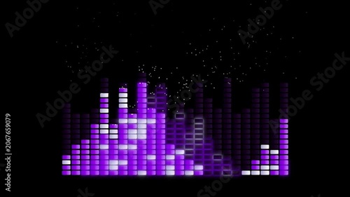 Glowing Purple Audio Visualizer Equalizer Bars With Flying Particles On Black Background, Artificial Intelligence Voice Audio Visualizer Equalizer