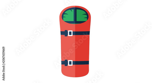 Red cylindrical backpack with black straps and green flap