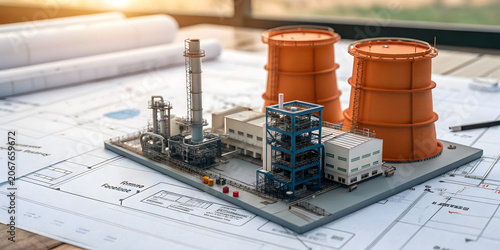 Industrial factory model with orange cooling towers placed on detailed building blueprints.