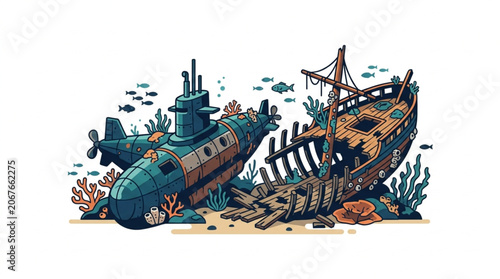 Foto Submarine and shipwreck resting on the ocean floor with marine life