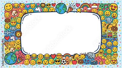 Colorful doodle emoji border frame with animals and icons for celebration banner with copy space