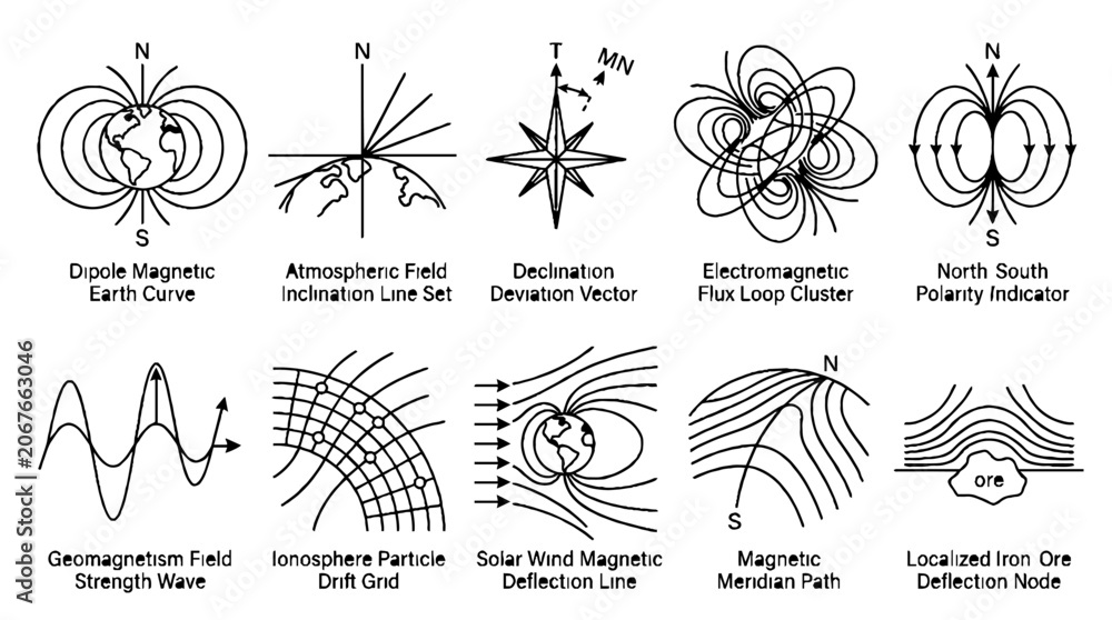 Fototapeta premium Scientific diagrams of Earth magnetic field and electromagnetic flux lines collection.