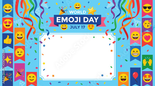 World Emoji Day ribbon banner frame with confetti and emoji border for July 17 celebration with copy space