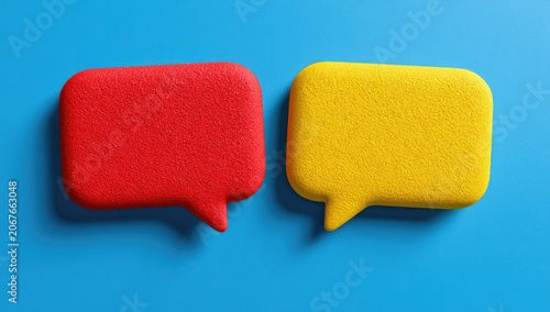 Two textured speech bubbles, red and yellow, on a blue background (3)