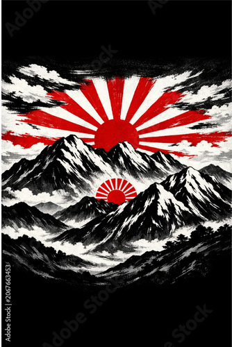 A dramatic illustration featuring majestic mountains with towering peaks under a classic Japanese-style sunrise.