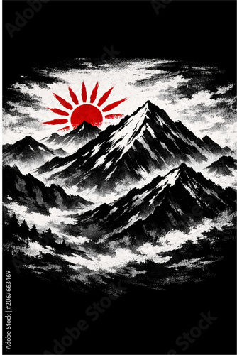 A dramatic illustration featuring majestic mountains with towering peaks under a classic Japanese-style sunrise.