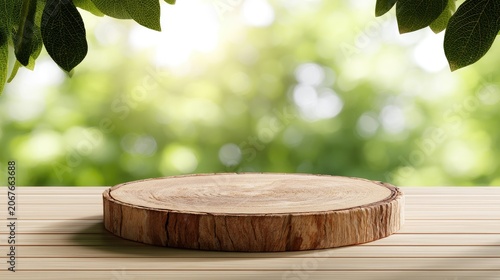 Natural wooden slice podium on table, blurred greenery background