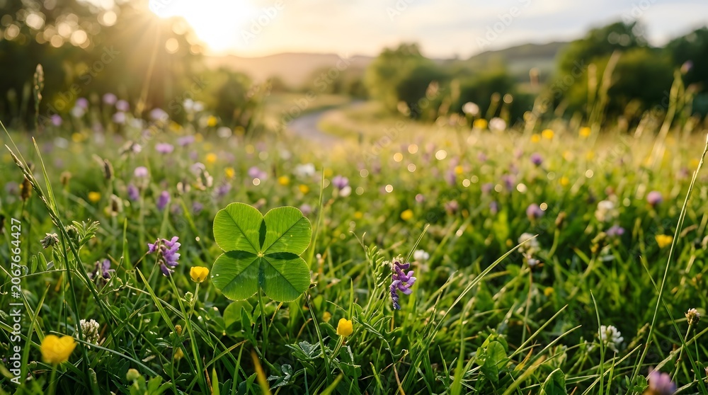 Fototapeta premium Lucky four leaf clover in a vibrant wildflower meadow at sunset