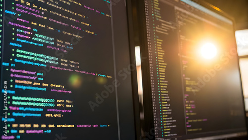 Software engineer coding on computer screens showing complex programming language scripts.