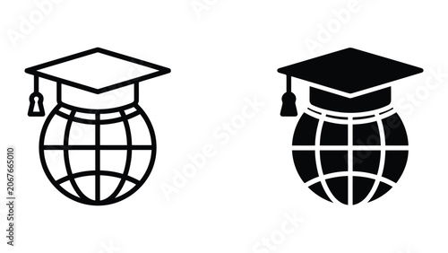 Graduation cap on globe with keyhole detail icon set for academic access and educational opportunities branding in clean minimalist vector style for professional websites and digital media