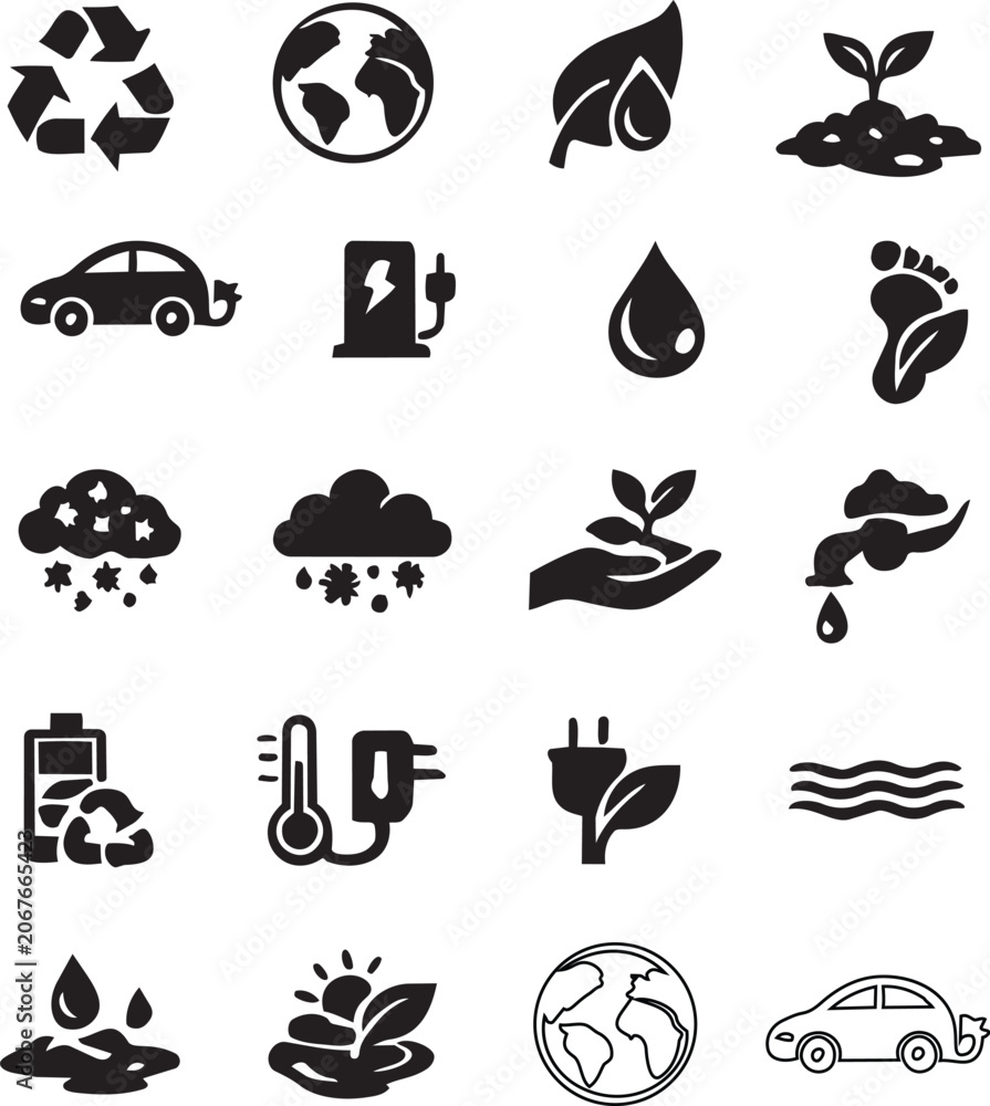 Obraz premium Basic 20 each flat icon set of Eco & Sustainability- Eco and Sustainability Icons Set – Environment, Energy, Water, and Recycling Silhouettes Vector Collection
