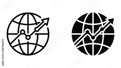 Global financial market trend icon with world globe and rising line graph arrow in vector format for market analysis and economic investment reporting and financial news media design