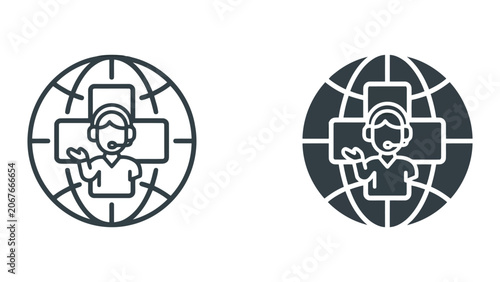 Medical customer support agent with headset on global network icon representing international health services and tele-medicine assistance in professional black and white vector graphic design