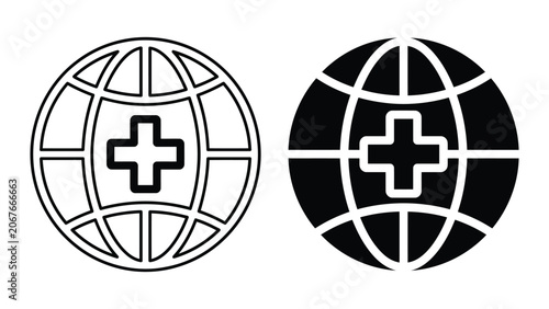 Medical cross on globe icon representing global healthcare network and international medicine systems in clean minimalist black and white vector graphic style for digital health communication needs