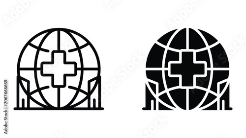 Global medical building infrastructure icon with city skyline and cross symbol representing urban healthcare systems and hospital network expansion in black and white vector graphic style