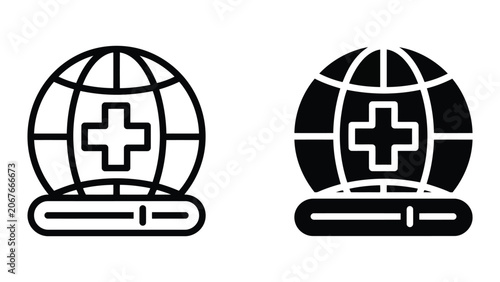 Global medical search bar icon representing online health portal and digital medical database navigation in professional black and white vector graphic style for web interfaces