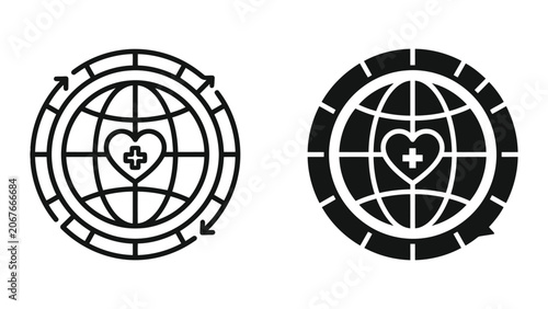 Global health cycle icon with heart and medical cross symbols representing sustainable medical care and health wellness cycles in professional black and white vector graphic design style