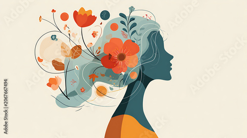 Elegant conceptual illustration of a female profile filled with blooming flowers, symbolizing mental health, emotional wellbeing, inner growth, healing, mindfulness, hope and resilience