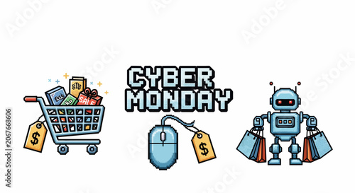 Robot holding shopping bags and computer.
