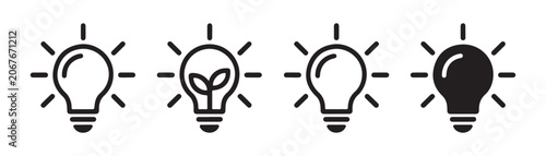 Obraz na plátně Minimalist light bulb icon set with leaf and glowing symbols for eco friendly and sustainable concepts
