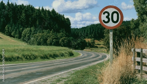 A scenic winding road with a speed limit sign through lush countryside