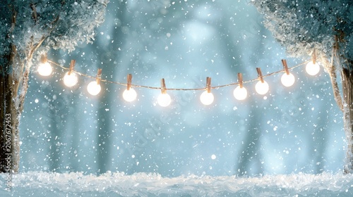 Glowing string lights hang on a clothesline between snow-covered trees