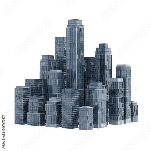 A cluster of modern glass skyscrapers with a monochromatic blue and grey color palette on transparent background