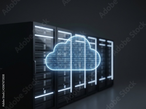 Holographic glowing cloud with binary code in front of server racks in dark data center