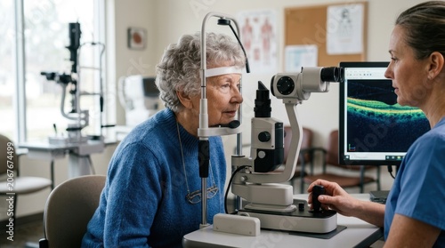 An elderly female patient undergoes an optical coherence tomography scan in an eye clinic. The scene highlights advanced retinal imaging used for monitoring macular degeneration and overall eye health