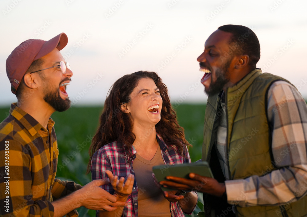 Fototapeta premium Group of young farmers celebrating success and sharing ideas during crop production and farm management activities.