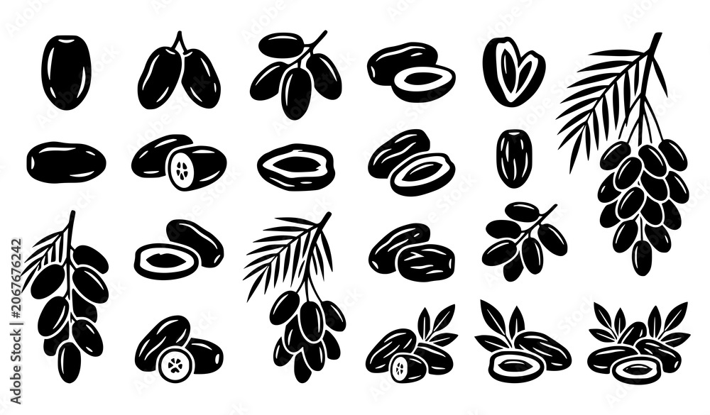 Fototapeta premium Dates Fruit Silhouette Icon Set with Whole and Cut Date Palm Fruits Vector Collection