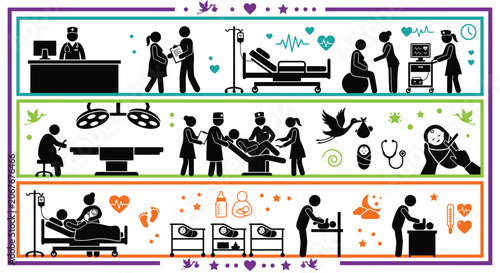 Medical Healthcare Icons Set with Doctors, Patients, Hospital Beds, and Wellness Symbols for Copy Space