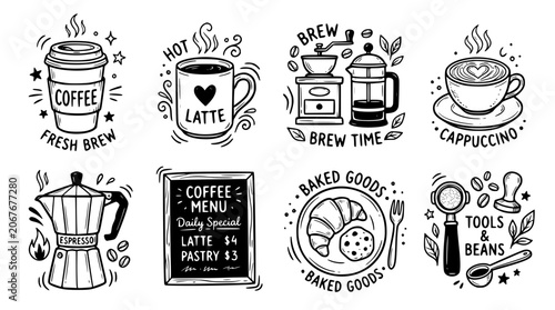 Set of handdrawn coffee shop elements