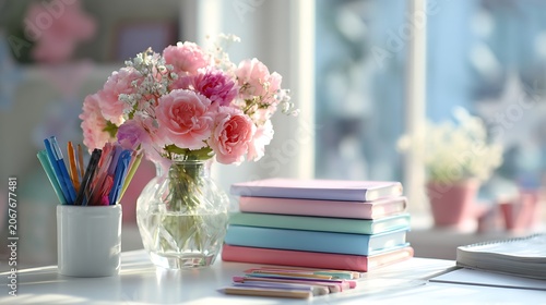 Pink Roses Flower Arrangement With Study Supplies